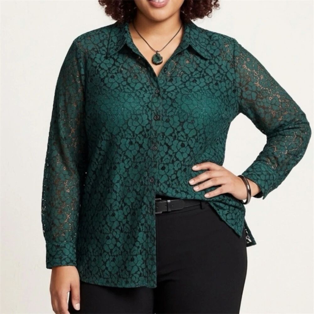 Charter Club Blouse Womens Plus 24W Button Up Lace Sheer Top Dark Romantic Fairy